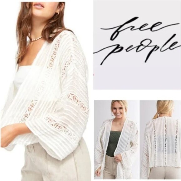 Free People One Willow Kimono White Lace Floral Open Front Tie Beach Boho Preppy - Picture 1 of 12